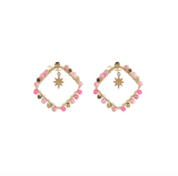 White Leaf Natural stone beaded square earring in mauve & pink