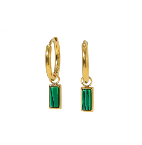 White Leaf Pendant Drop Huggie Malachite Earrings