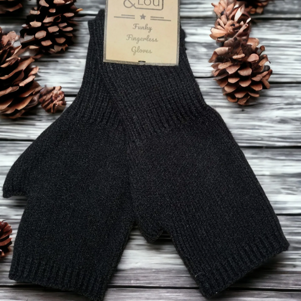 Jess & Lou Plain Knit Fingerless Gloves - Black
