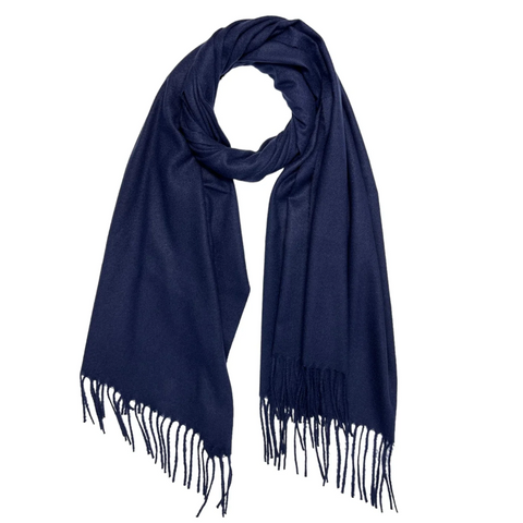 Navy Plain Wool Mix Winter Scarf With Tassels