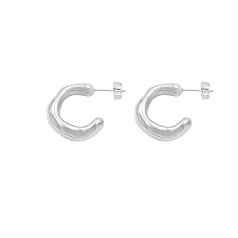 White Leaf Mishape C-Shaped Curve Earring - Silver