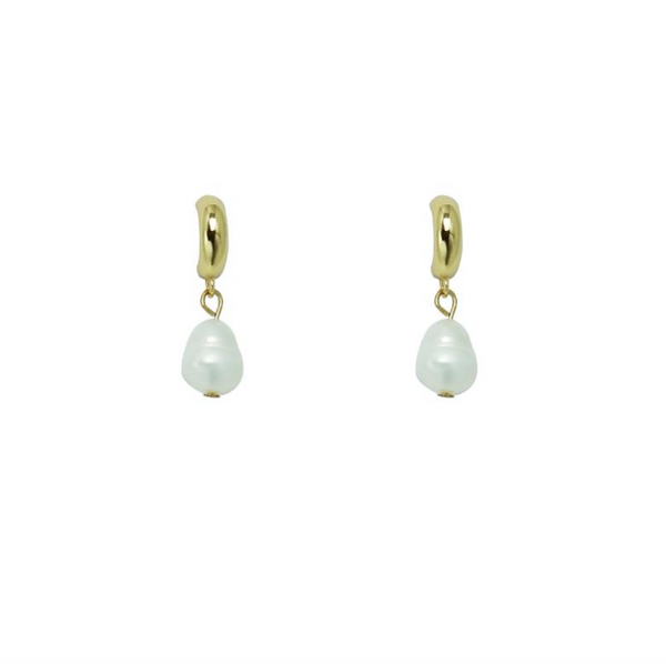 White Leaf Half hoop earring with Freshwater Pearl Drop - Gold