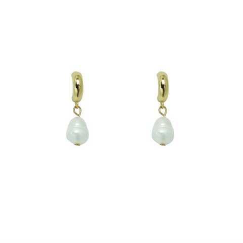 White Leaf Half hoop earring with Freshwater Pearl Drop - Gold