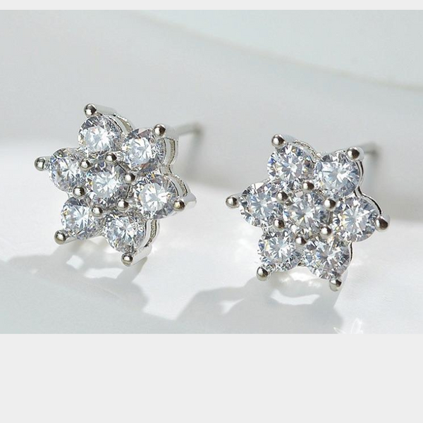 White Leaf - Cubic Zirconia Flower Earring In Silver