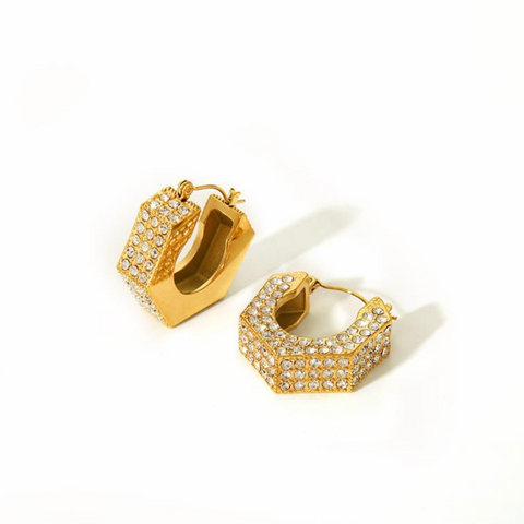 White Leaf Crystal Encrusted Hexagon Earring - Gold
