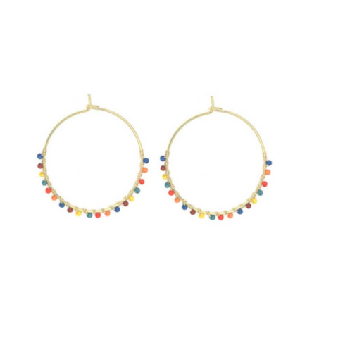 Isles & Stars Hand Wired Colour Beads Brass Round Earrings In Gold