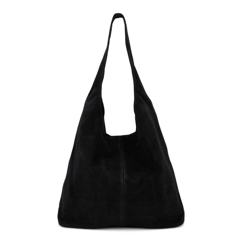 Suede Leather Slouchy Hobo Bag - Black