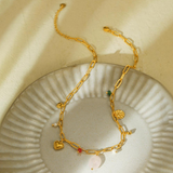 White Leaf - Multi Heart & Natural Stone Charm Drop Detail Necklace In Gold