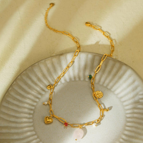 White Leaf - Multi Heart & Natural Stone Charm Drop Detail Necklace In Gold
