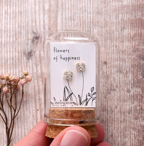 Attic Creations 'Flowers Of Happiness' Four Clover Crystal Flower Earrings - Gold