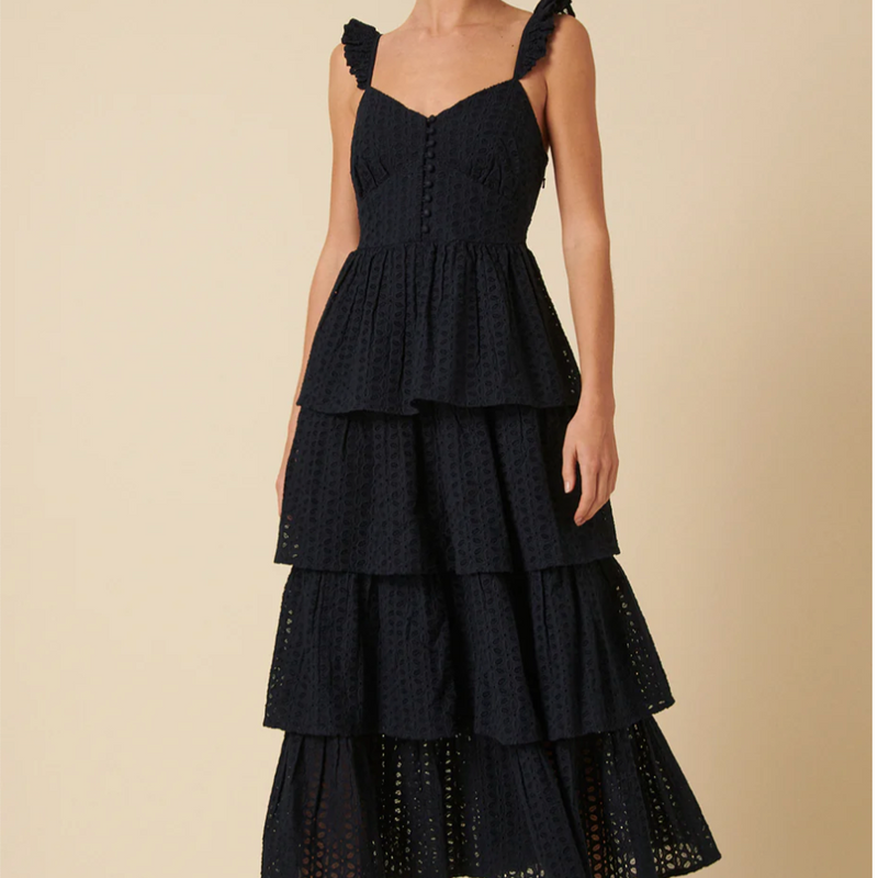 Nobody's Child Broderie Anglaise Tiered Rhys Midi Dress - Navy