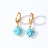 Natural Stone Clover Pendant Hoops In Turquoise & Gold
