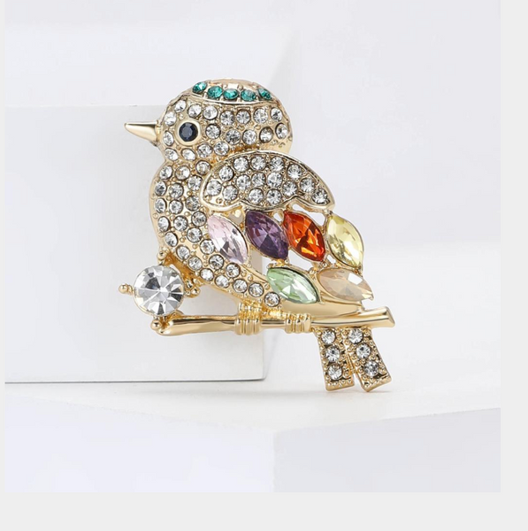 Cubic Zirconia Bird Brooch In Gold & Multi