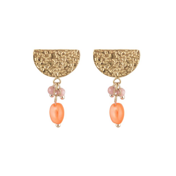 Hammered Semi Circle With Natural Stone Drop Beads In Orange & Pink