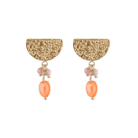 Hammered Semi Circle With Natural Stone Drop Beads In Orange & Pink