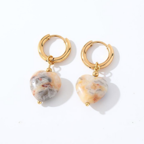 Natural stone heart pendant hoop in marble & gold