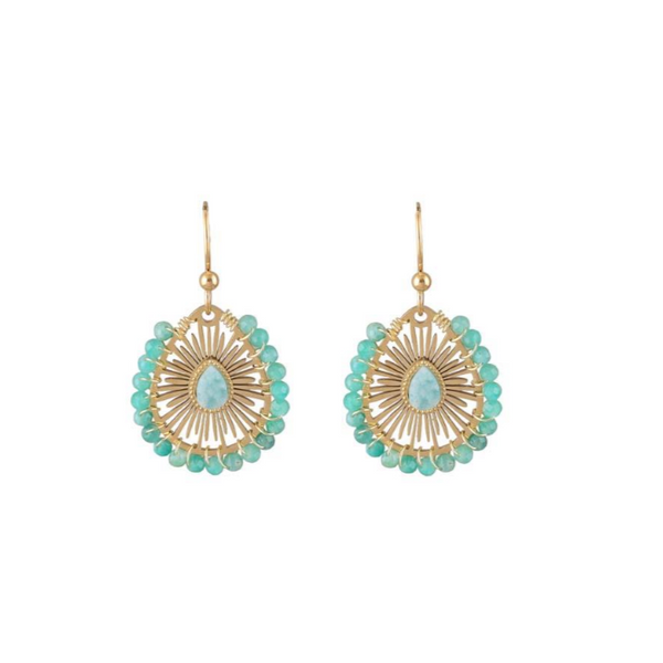 Oval Shape Drop Earring With Natural Stone Beads In Aquamarine