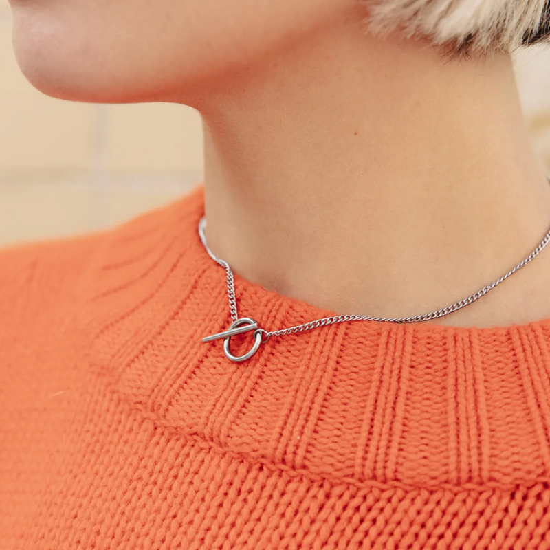 Nordic Muse Silver Herringbone Toggle Chain Necklace, Waterproof