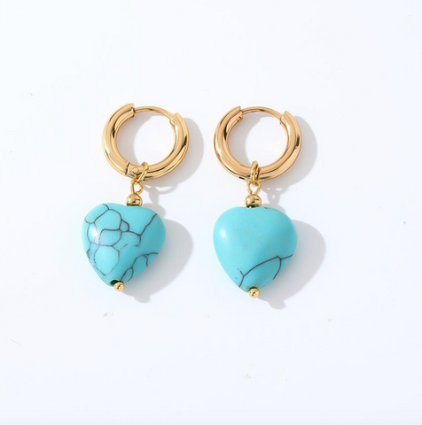Consortium - Natural Stone Heart Pendant Hoop - Turquoise & Gold