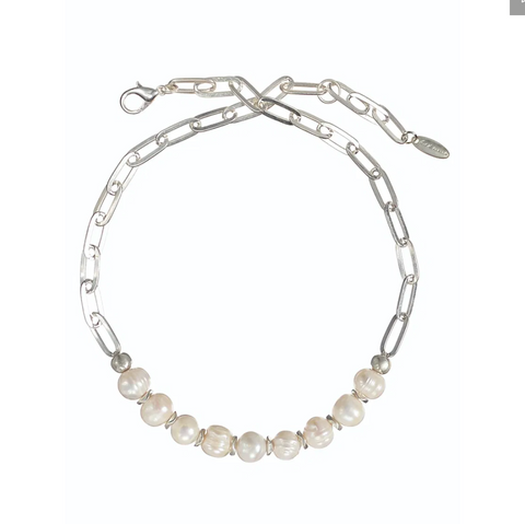 Hot Tomato Nine in a Line Necklace - Natural Pearls Worn Silver