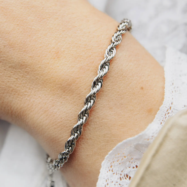 Nordic Muse Silver 4mm Rope Twist Bracelet, Waterproof