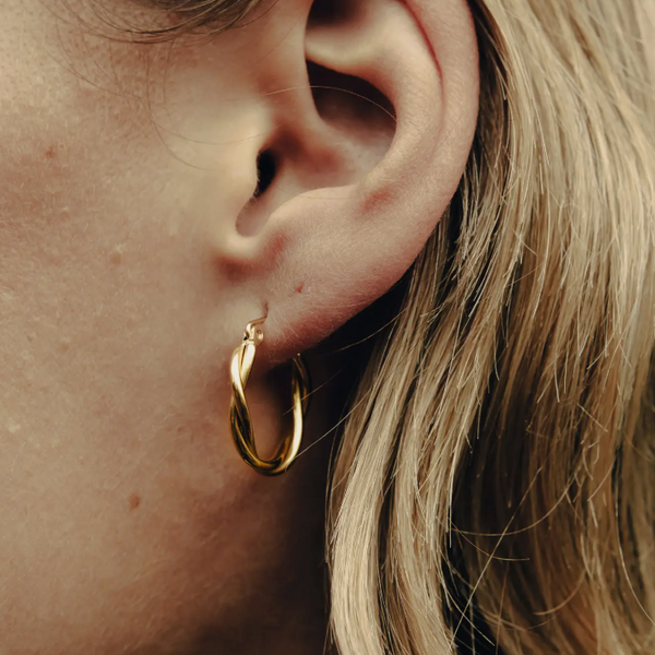 Nordic Muse Gold Medium Entwined Latch Hoop Earrings, Waterproof