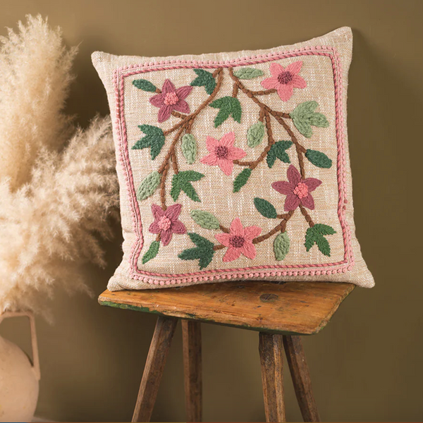 Ian Snow Pink & Cream Embroidered Floral Cushion