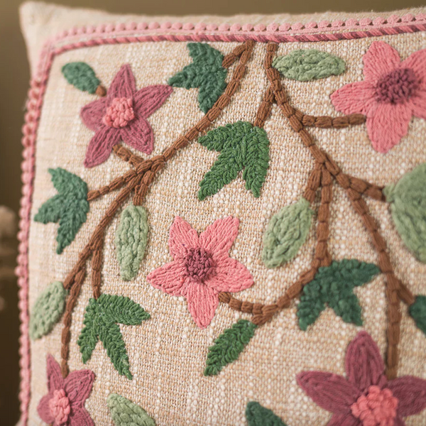 Ian Snow Pink & Cream Embroidered Floral Cushion