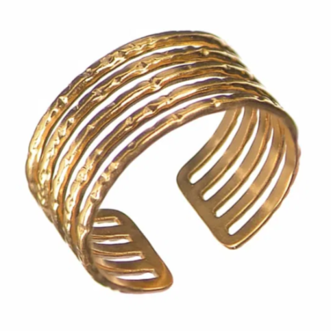 Hot Tomato Stripes Adjustable Ring - Gold