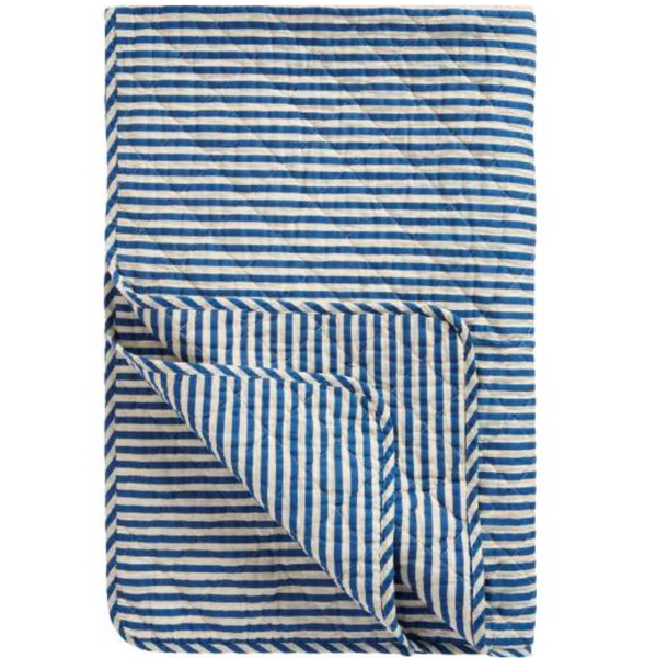 Cotton Quilt With Blue and Off White Stripes
