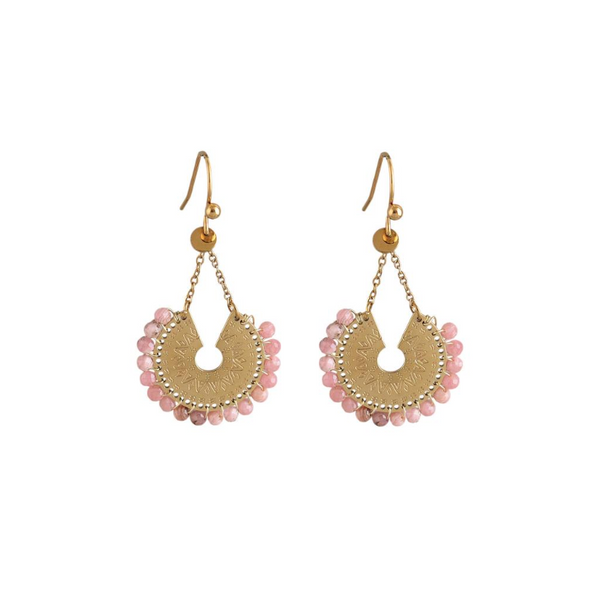 Consortium Hook Earring With Soft Pink Natural Stone Bead Surround Engraved Circle