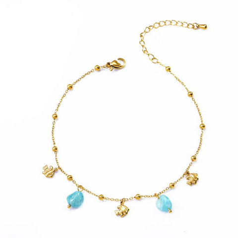 White Leaf Natural Stone & Angelfish Charm Bracelet - Gold
