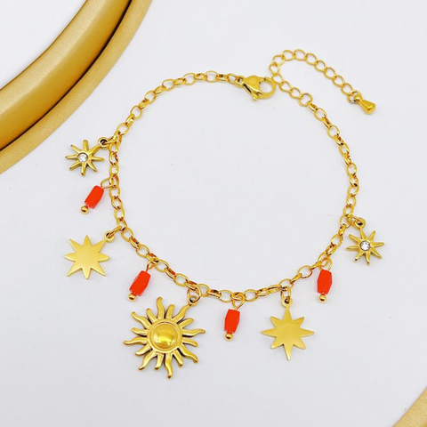 White Leaf Sun & Star Multi Charm Bracelet - Red & Gold