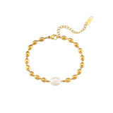 White Leaf Gold Beaded Bracelet With Freshwater Pearl Detail
