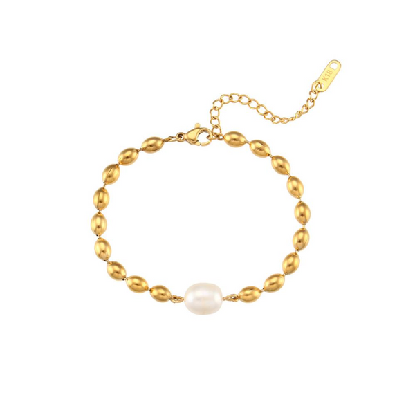 White Leaf Gold Beaded Bracelet With Freshwater Pearl Detail
