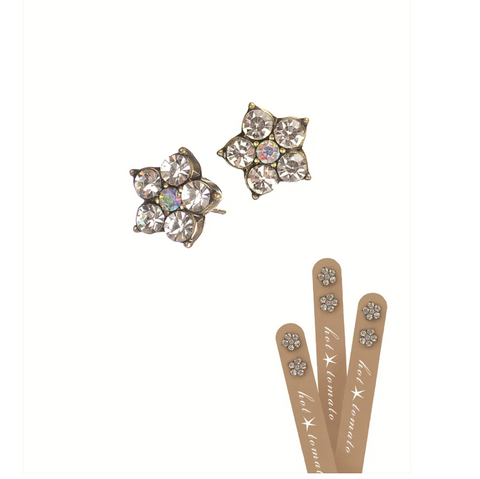 Hot Tomato Five Petal Floral Studs - Old Gold/Clear Crystal