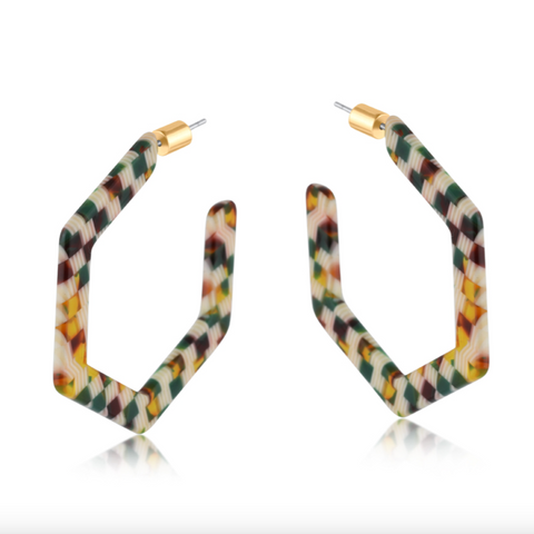 Big Metal Marie Resin Hexagonal Earrings - Brown/Green