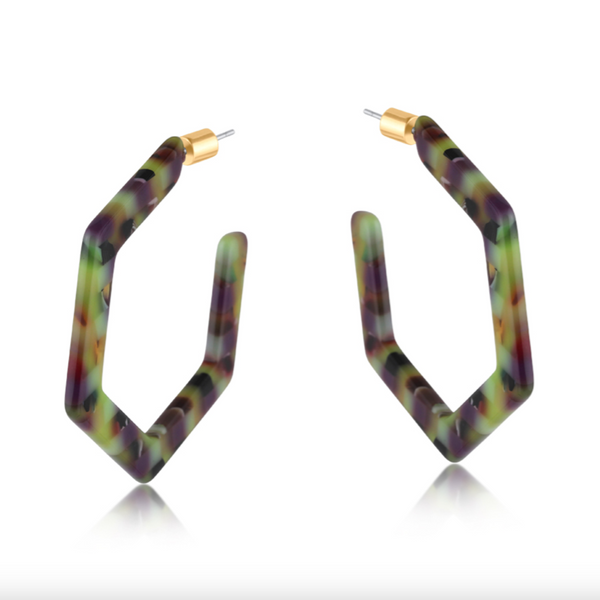 Big Metal Marie Resin Hexagonal Earrings - Lilac/Blue