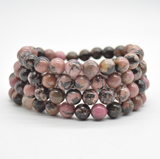 Semi Precious Gemstone Round Beaded Bracelet - Natural Black Rhodonite
