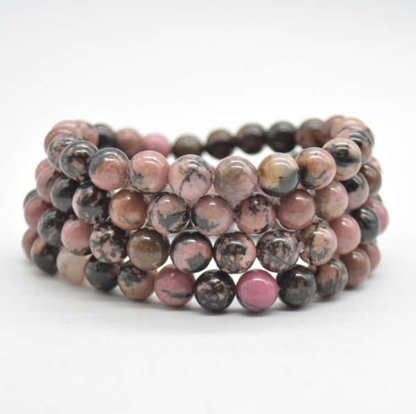 Semi Precious Gemstone Round Beaded Bracelet - Natural Black Rhodonite