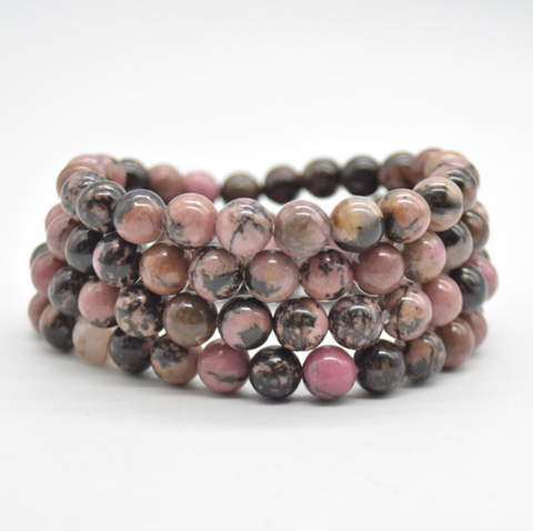 Semi Precious Gemstone Round Beaded Bracelet - Natural Black Rhodonite