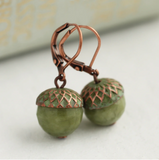 Silk Purse, Sow's Ear Olive Green Patina Acorn Earrings