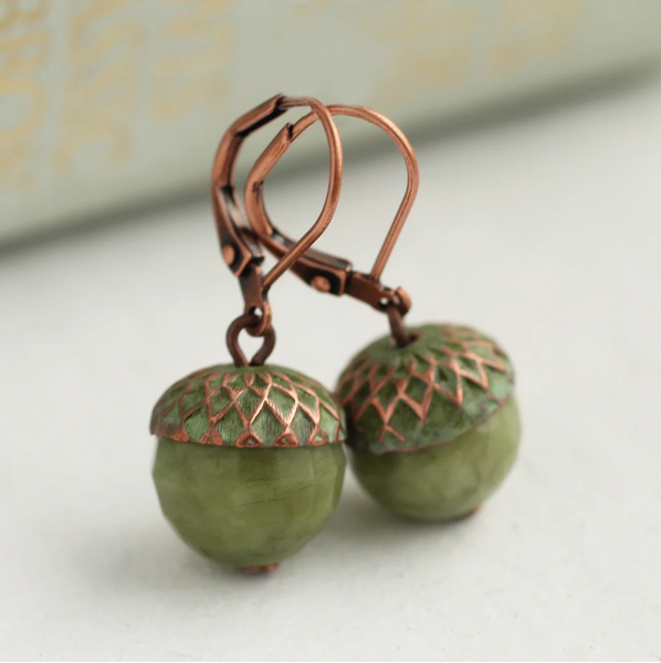 Silk Purse, Sow's Ear Olive Green Patina Acorn Earrings