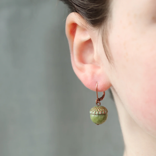 Silk Purse, Sow's Ear Olive Green Patina Acorn Earrings