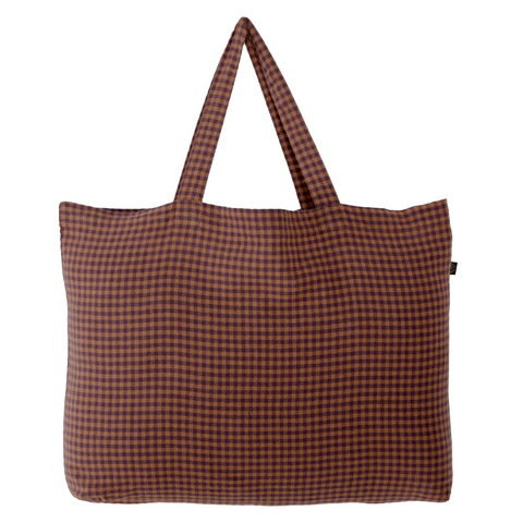 Washed Linen Cotton Shopping Bag Small Check - Fig