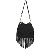 Suede Leather Fringed Bucket Bag - Black