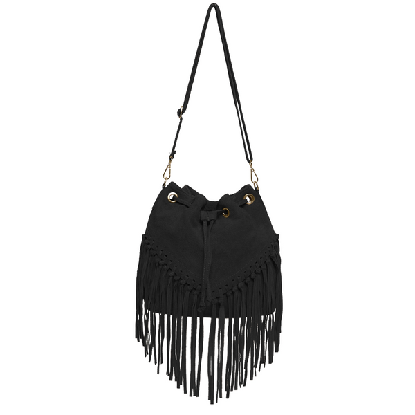 Suede Leather Fringed Bucket Bag - Black