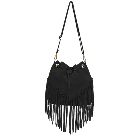 Suede Leather Fringed Bucket Bag - Black