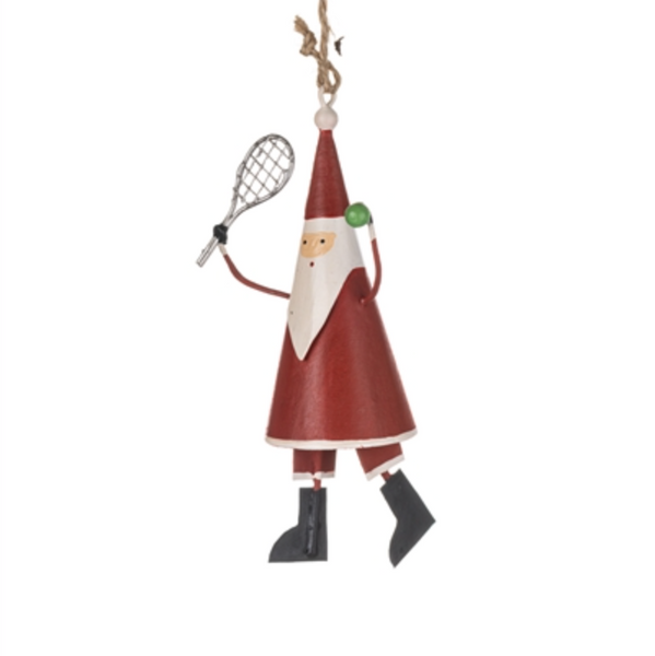 Decorative ornament of a Santa Claus holding a tennis racket on a white background