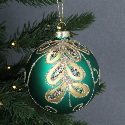Green Glass Bauble with Gold Peacock Leaves